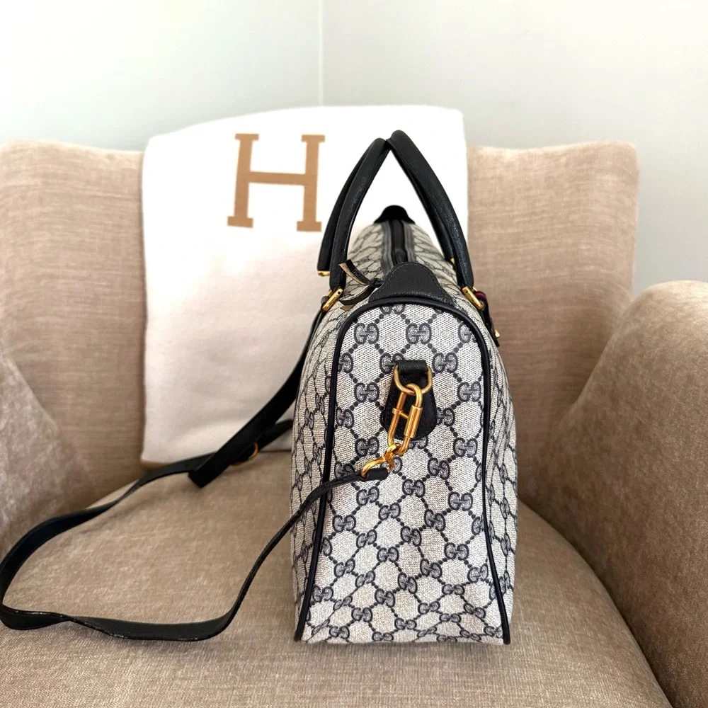Authentic Gucci GG Supreme coated canvas  Boston Bag Satchel navy grey canvas